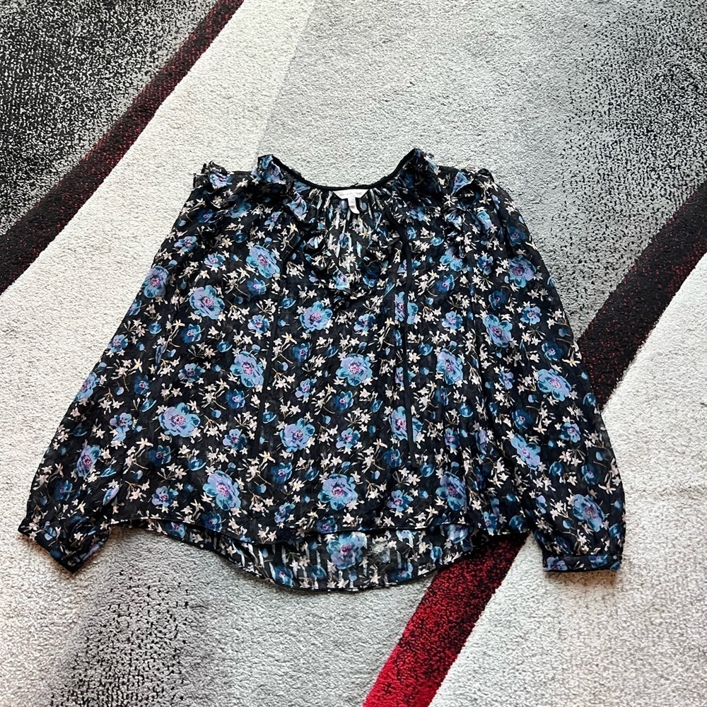 Rebecca Taylor Navy Floral Ruffled Long Sleeve Blouse